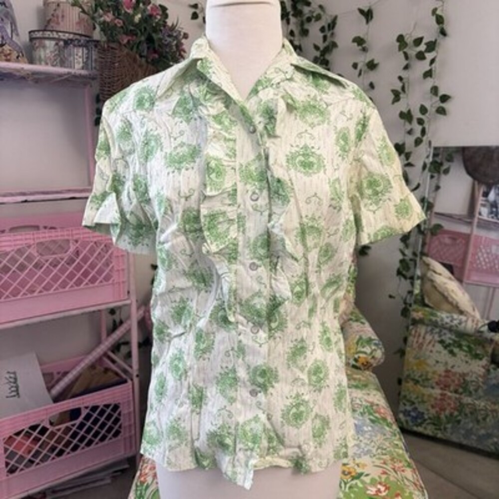 Vintage Panhandle Slim Western Shirt Green Toile Print Ruffle Front Short Sleeve